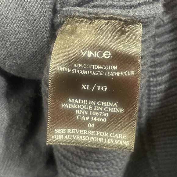 Vince XL Mens Navy Sweater Full Zip Reverse Zip Cotton Leather Trim - Picture 5 of 6